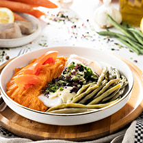 Votre poissonnier propose, Lieu noir & sa purée de carottes et haricots verts