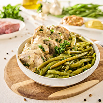Cuisiné dans nos ateliers, Filet mignon aux 2 moutardes et haricots verts