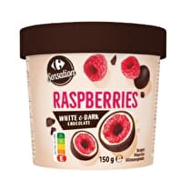 Carrefour, Framboises enrobées chocolat blanc et chocolat noir