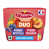 Materne, Compote gourde 4 x 100g sans sucre ajouté duo pomme myrtille  pomme brugnon