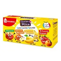 Charles & Alice, Gourdes de compotes sans sucres ajoutés Panachés pommes/abricots/bananes/fraises