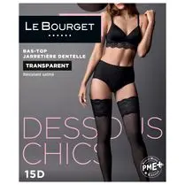 LE BOURGET, Bas top jarretière dentelle transparent résistant satiné noir 15D taille 1
