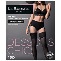 LE BOURGET, Bas top jarretière dentelle transparent résistant satiné noir 15D taille 4