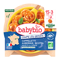 BABY BIO, Cappelletti aubergine ricotta sauce à la tomate 15 mois à 3 ans