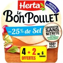 Herta, Le bon poulet 100% filet -25% de sel. Conservation sans nitrite - 4 tranches + 2 offertes soit 195 g